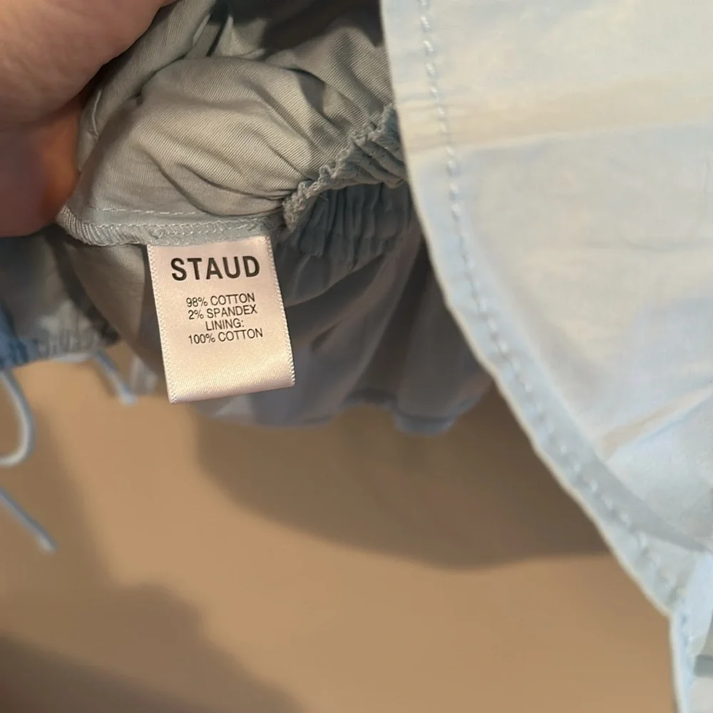 STAUD Faye Smocked Ruffle Blouse Top Winter Sky Blue 10
